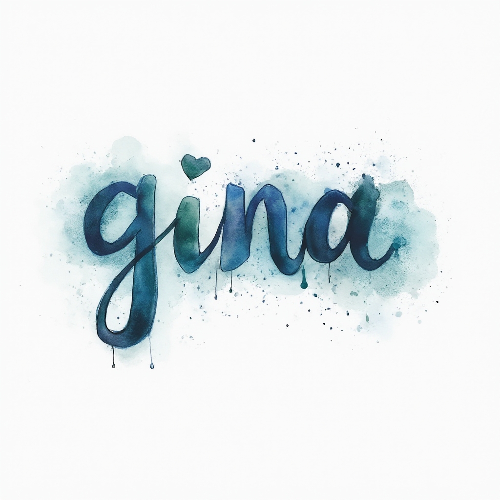 Watercolor tattoo concept where the name gina is painted in flowing multicolor calligraphy on a white background.