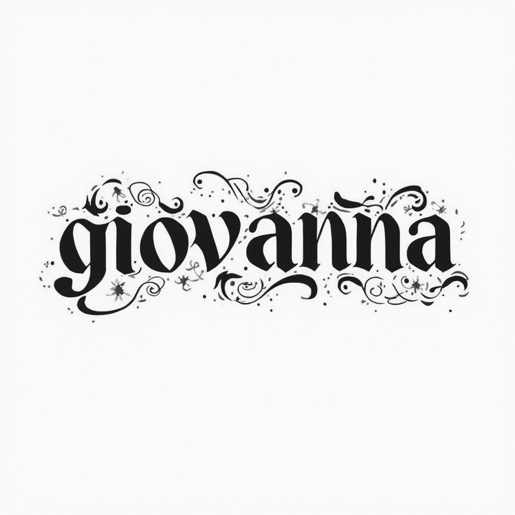 Abstract emblem-style tattoo design of the name giovanna in clean black interlocking lettering on a white background