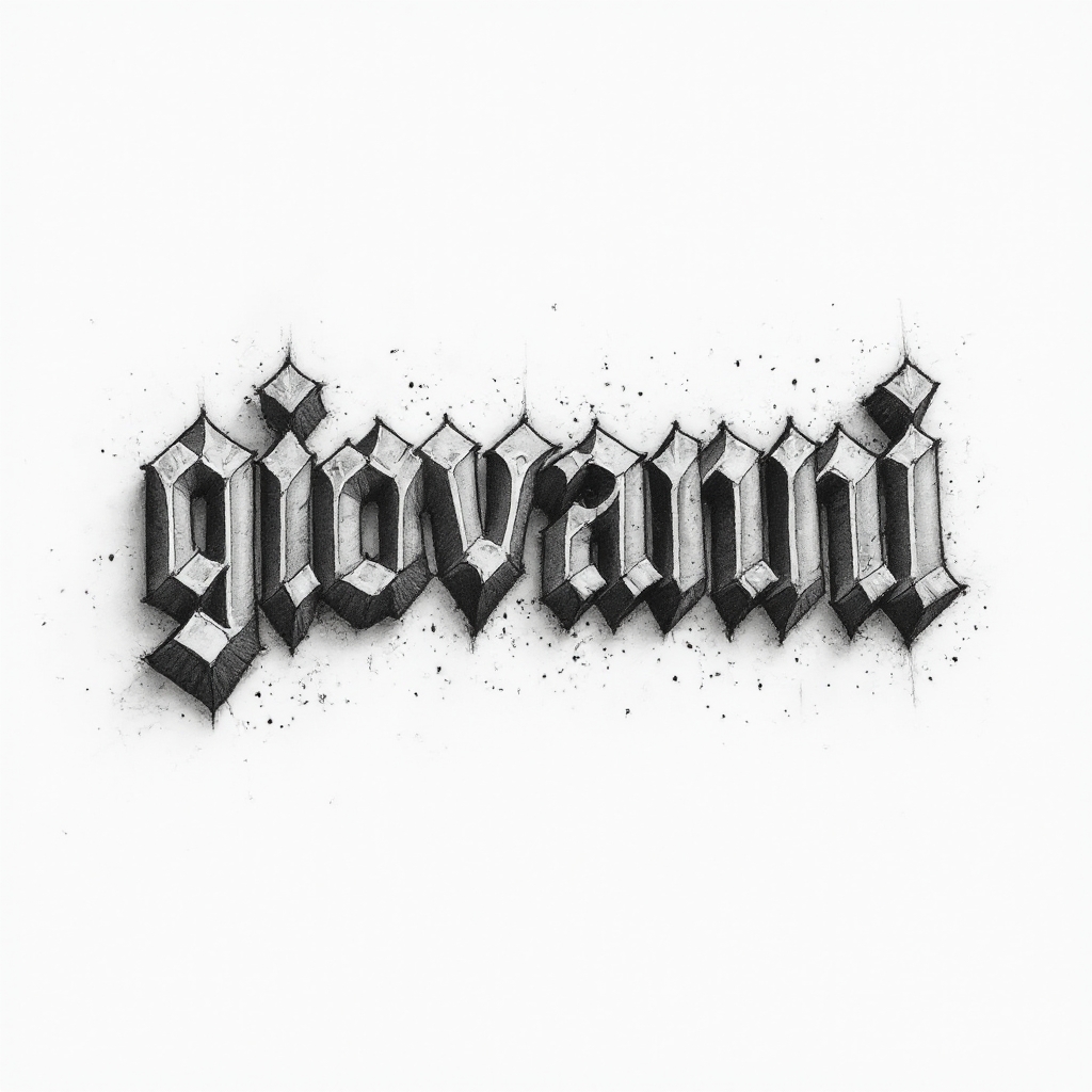 Monochrome geometric tattoo concept where the name giovanni is built from interlocking dimensional letter structures on white background