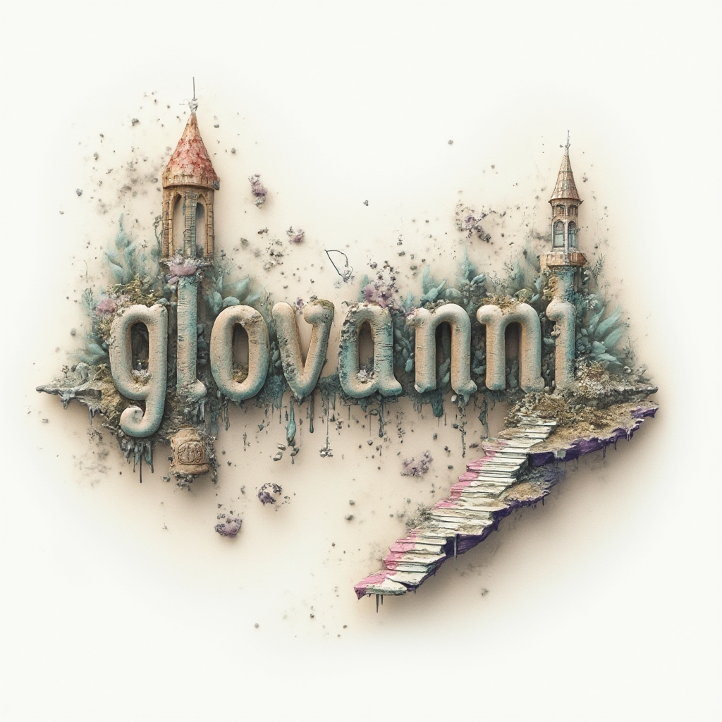 Surrealism tattoo design where the name giovanni forms a miniature dreamlike landscape on white background