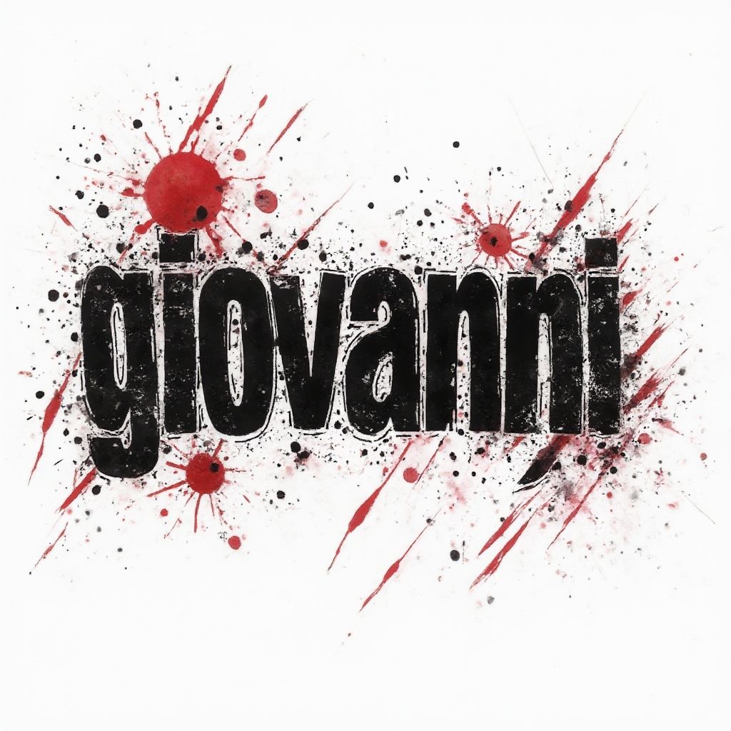 Trash Polka tattoo concept of the name giovanni with bold distressed lettering in black and red on white background