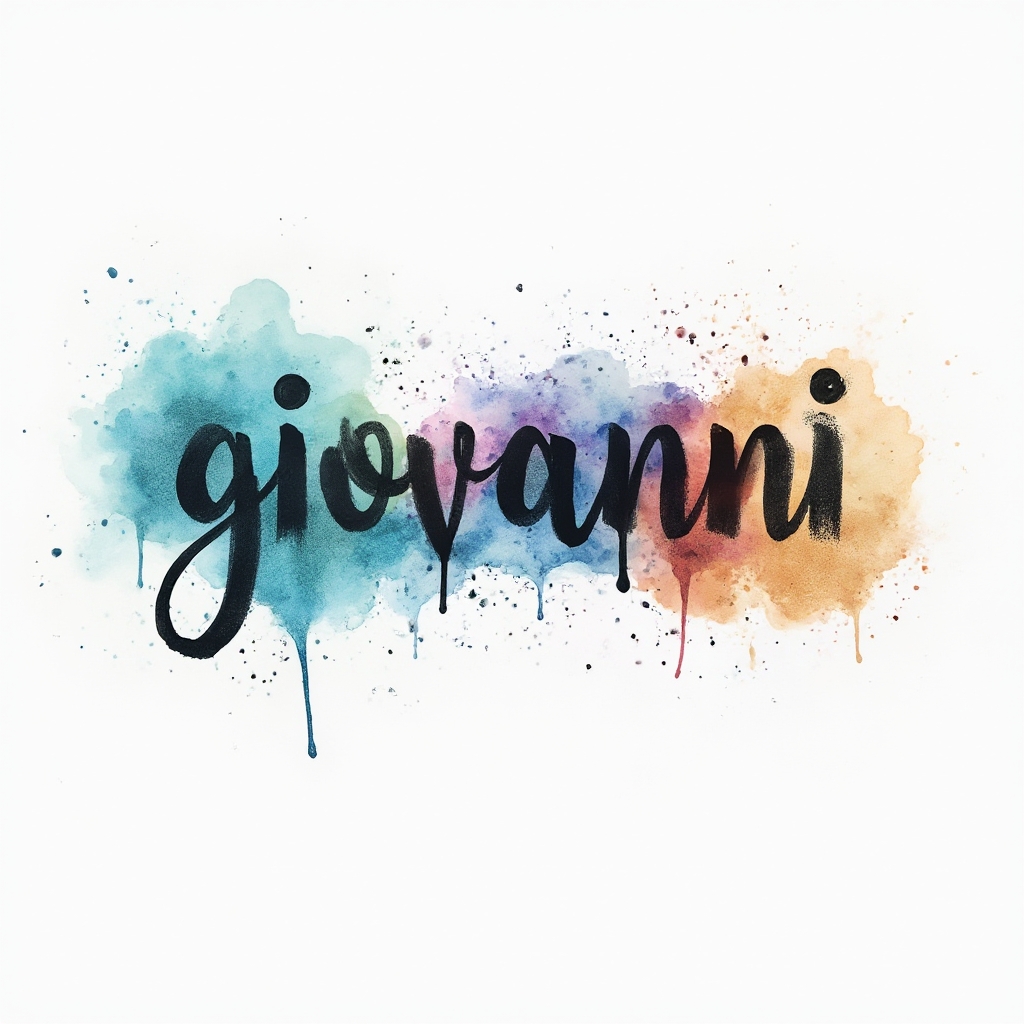 Watercolor tattoo concept of the name giovanni in flowing colorful brush-style lettering on a white background