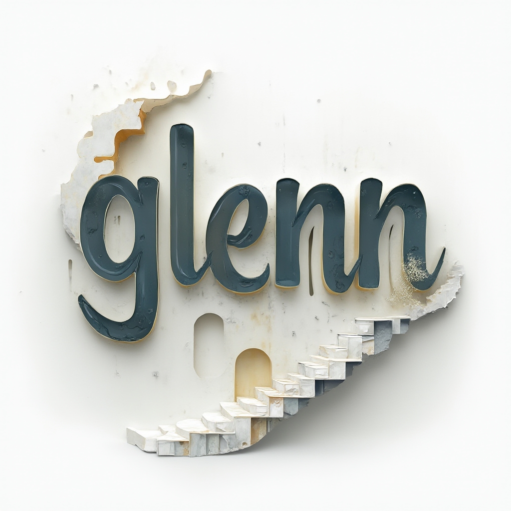 Surrealist tattoo concept of the name glenn with melting, floating, and architectural letters on a white background.