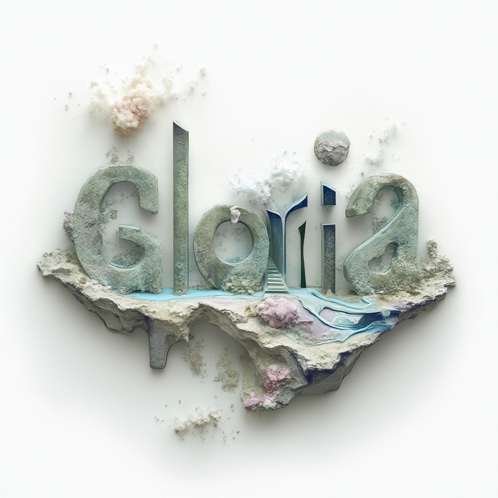 Surreal tattoo concept where the name gloria transforms into a dreamlike landscape on a white background.