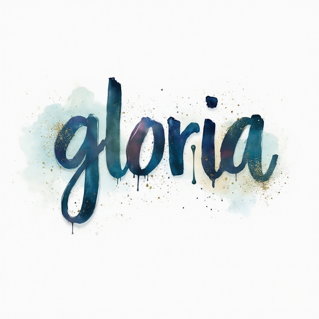 Watercolor-style artistic lettering of the name gloria with colorful paint splashes on a white background.