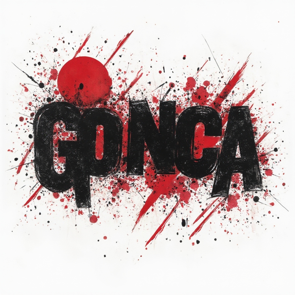 Trash Polka tattoo design of the name gonca with bold black strokes and red shapes on a white background
