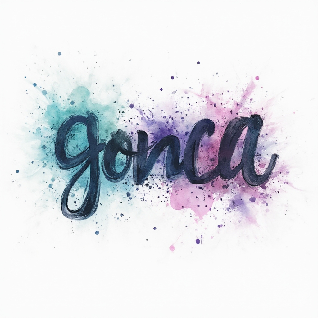 Watercolor tattoo design of the name gonca in flowing colorful calligraphy on a white background