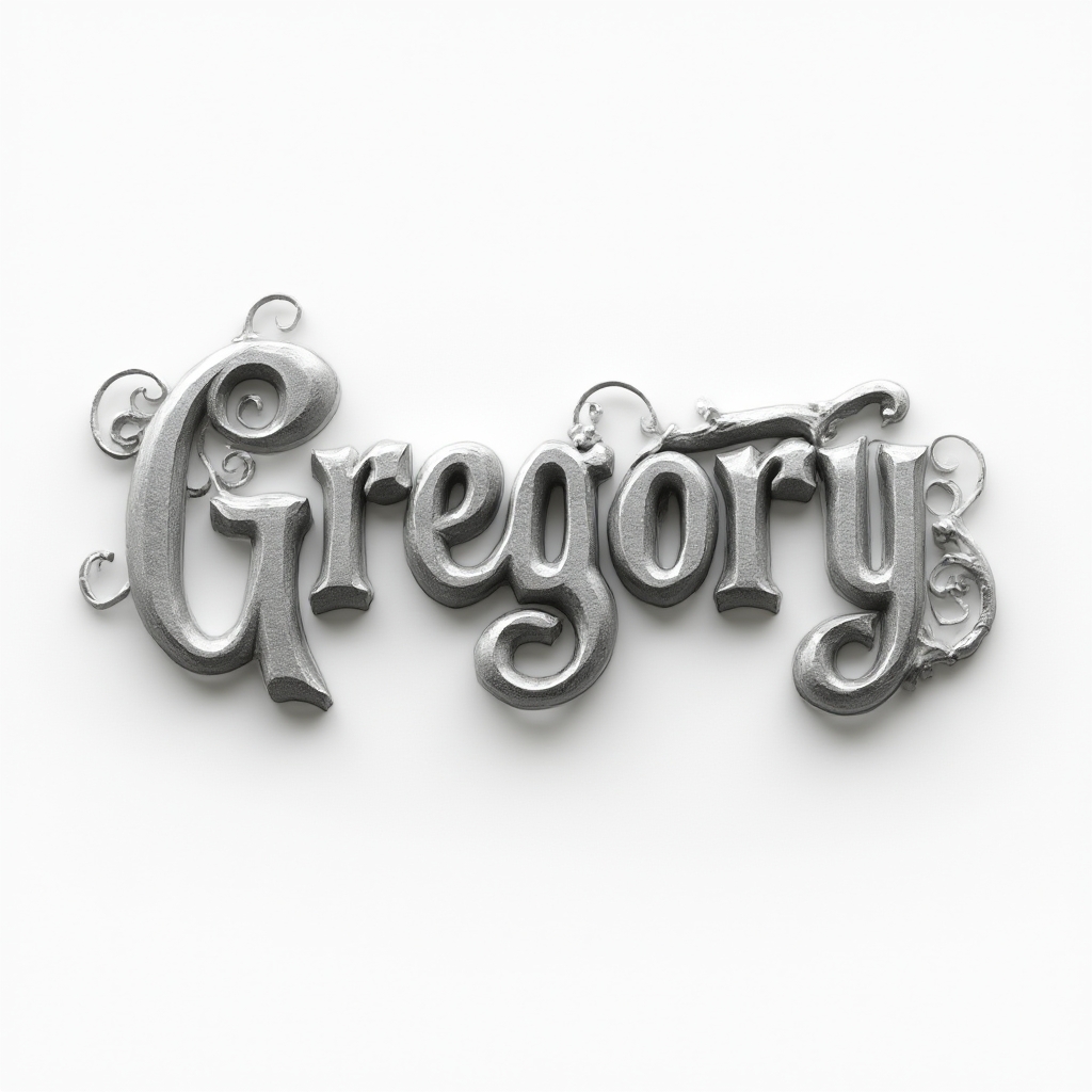 Monochrome 3D-style tattoo concept of the name gregory in sculpted, raised lettering with soft shadows on a white background