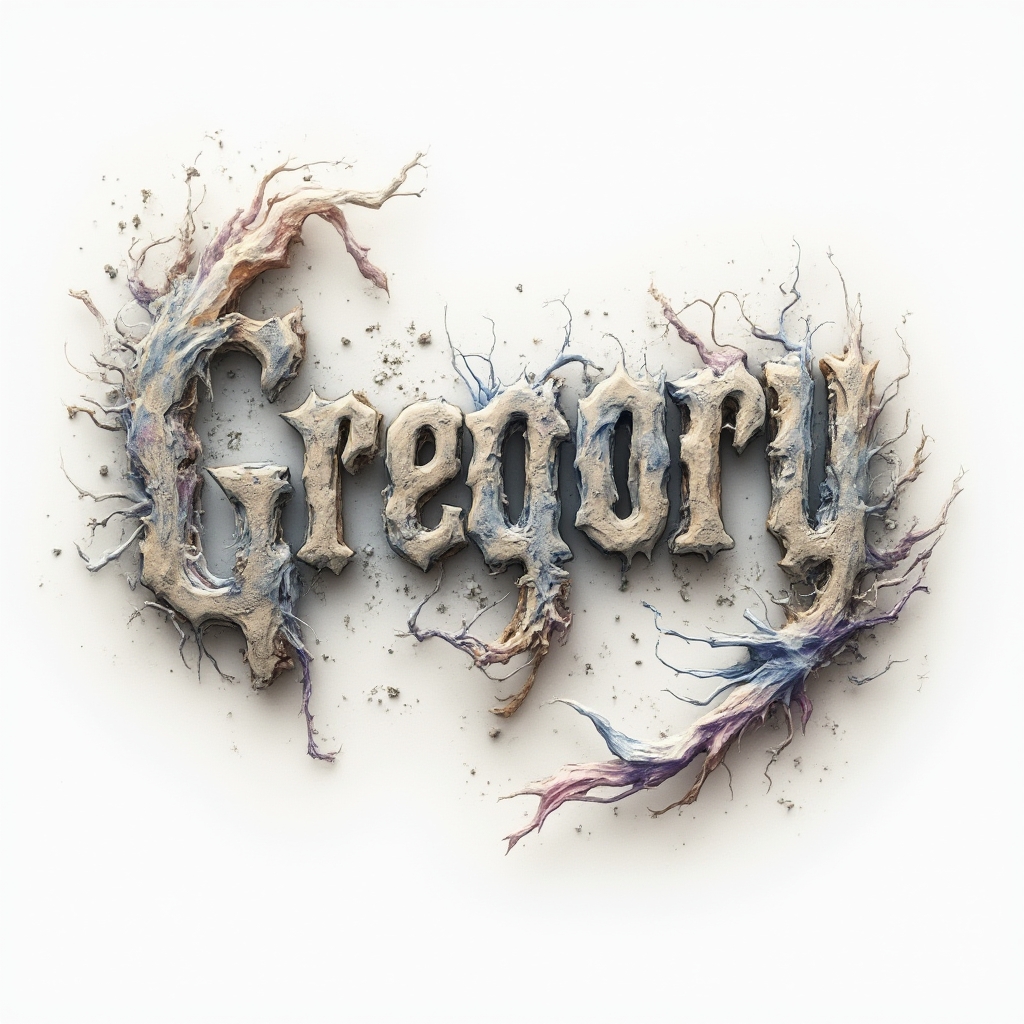 Surreal tattoo concept where the name gregory is formed from impossible, melting architectural letterforms floating on a white background