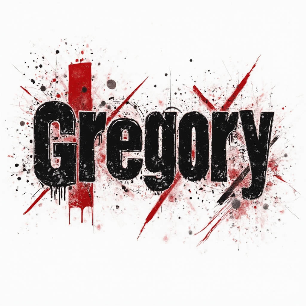 Trash Polka tattoo concept of the name gregory in distressed black lettering with red splashes and graphic shapes on a white background