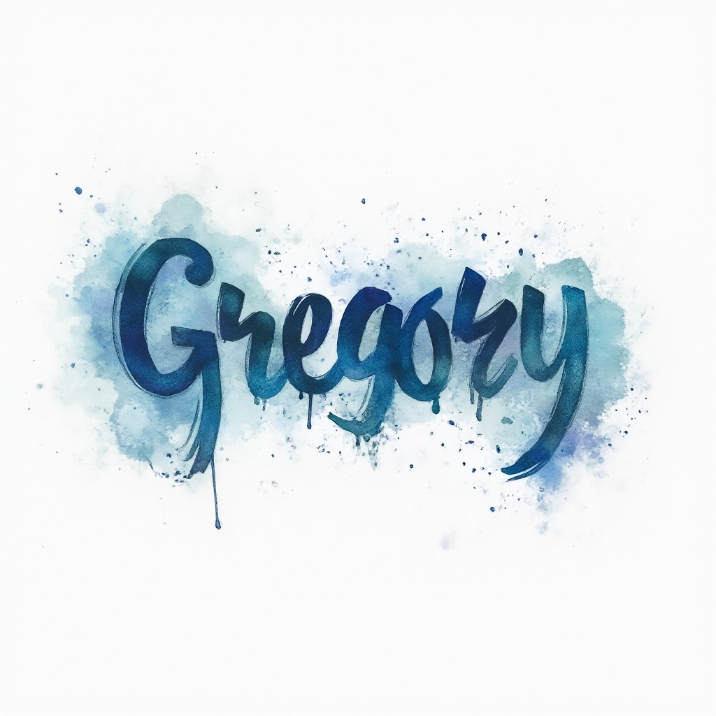 Watercolor tattoo concept of the name gregory in flowing brush-like letters with blue and violet ink splashes on a white background