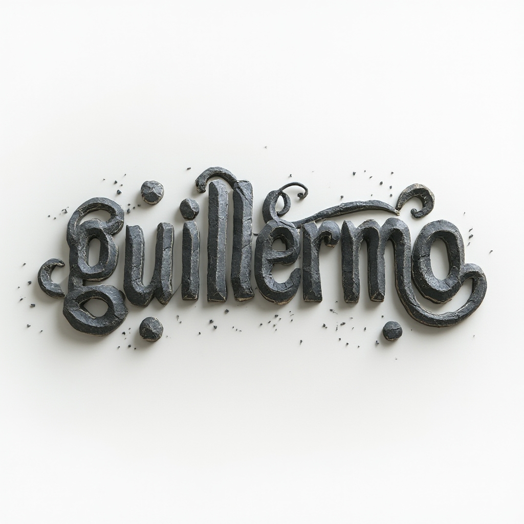 Refined sculptural tattoo concept of the name guillermo with 3D carved lettering on a white background