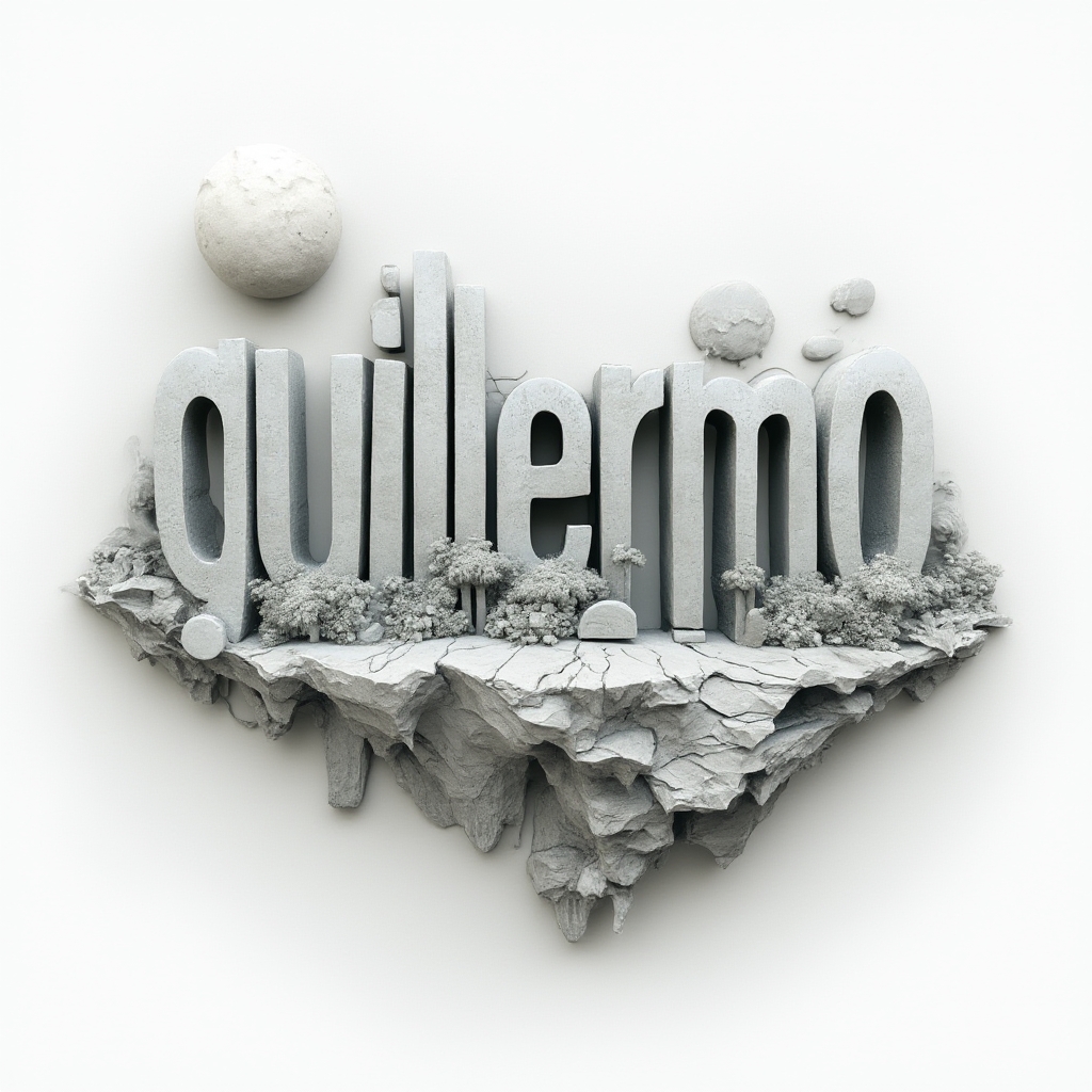 Surrealist tattoo concept where the name guillermo becomes a dreamlike floating structure on a white background