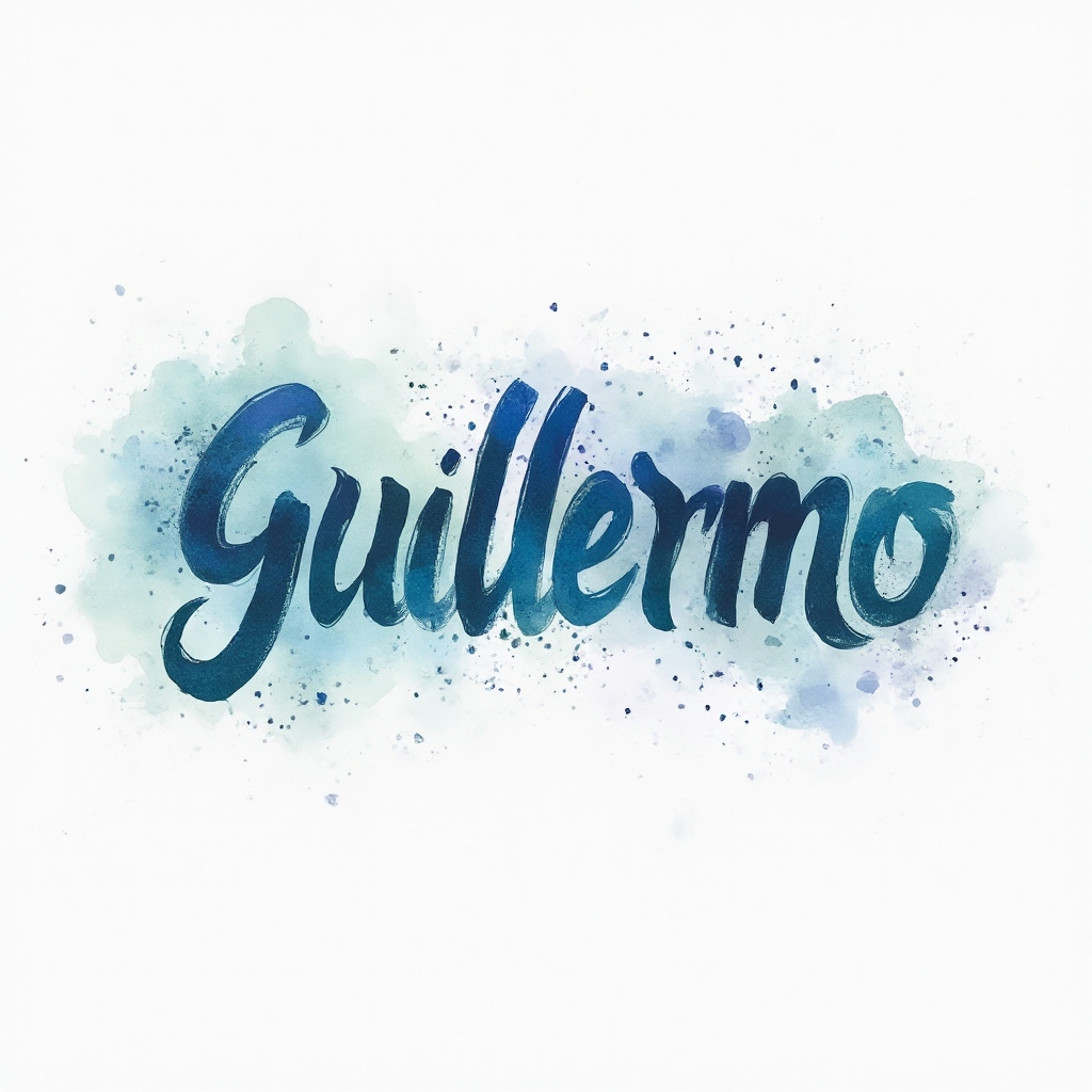 Watercolor-style tattoo concept of the name guillermo with teal and violet splashes on a white background