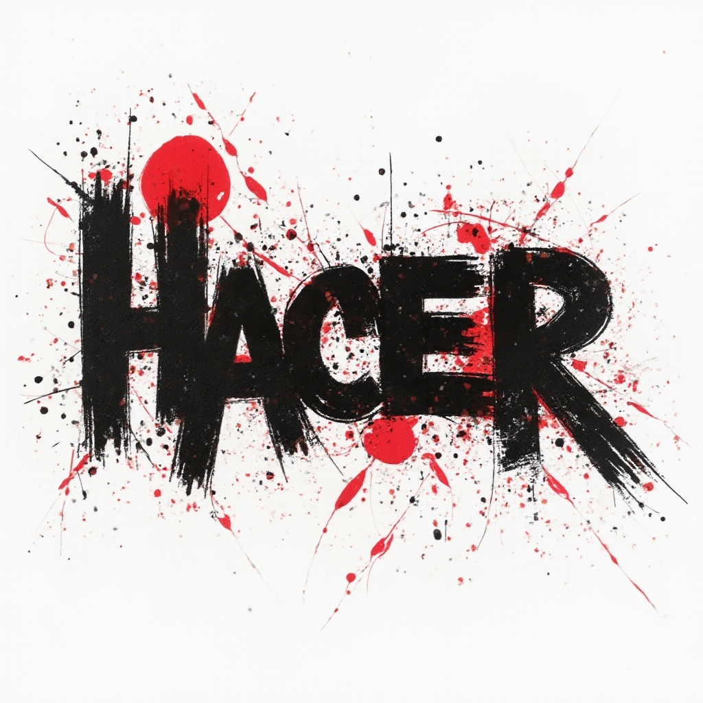 Trash Polka-style tattoo concept where the name hacer emerges from bold black strokes and red graphic elements on a white background.