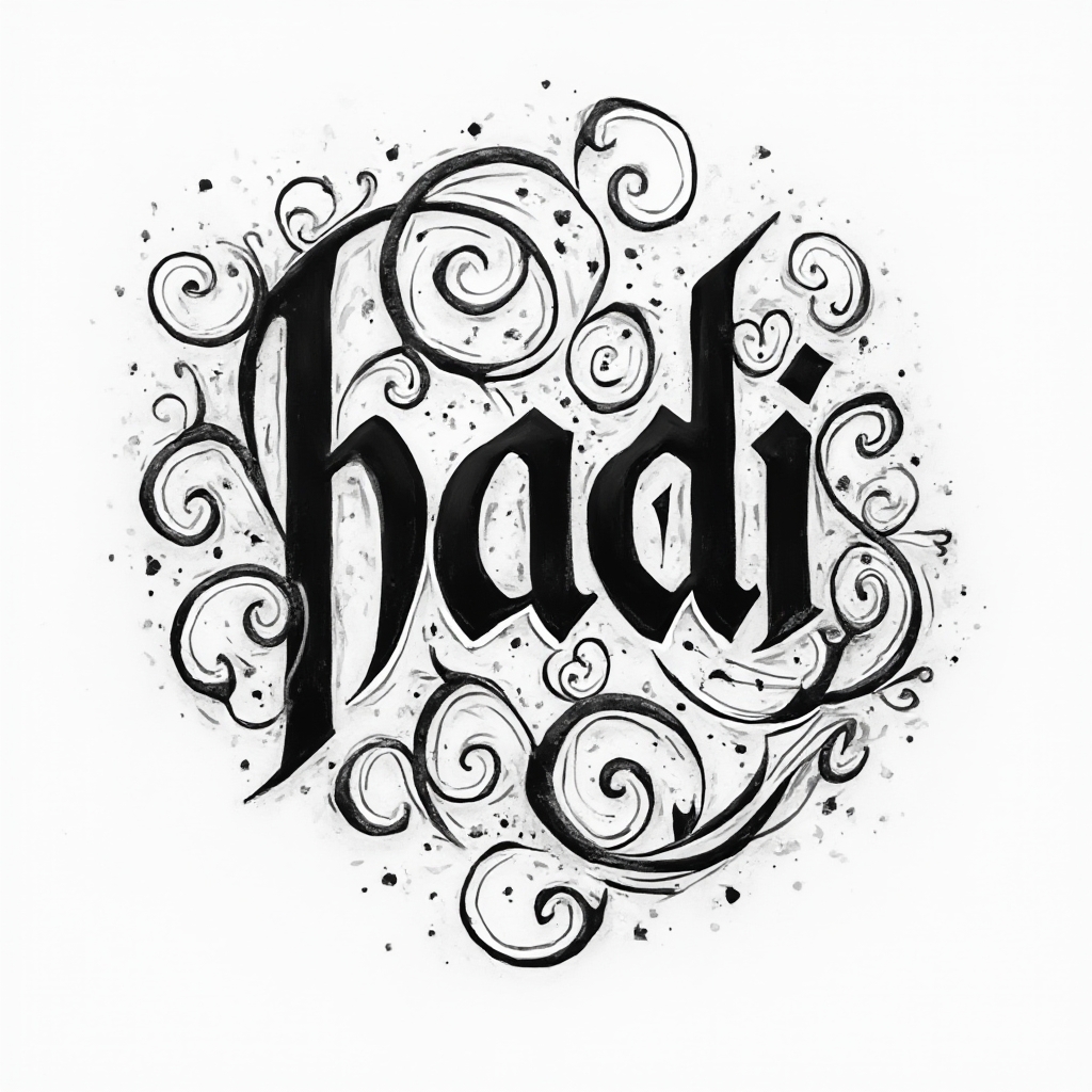 Abstract emblem tattoo concept where ornate black filigree lines form the name hadi on a white background.