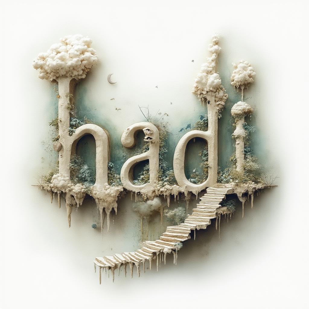 Surreal dreamscape tattoo concept forming the name hadi through abstract architectural and organic shapes on a white background.