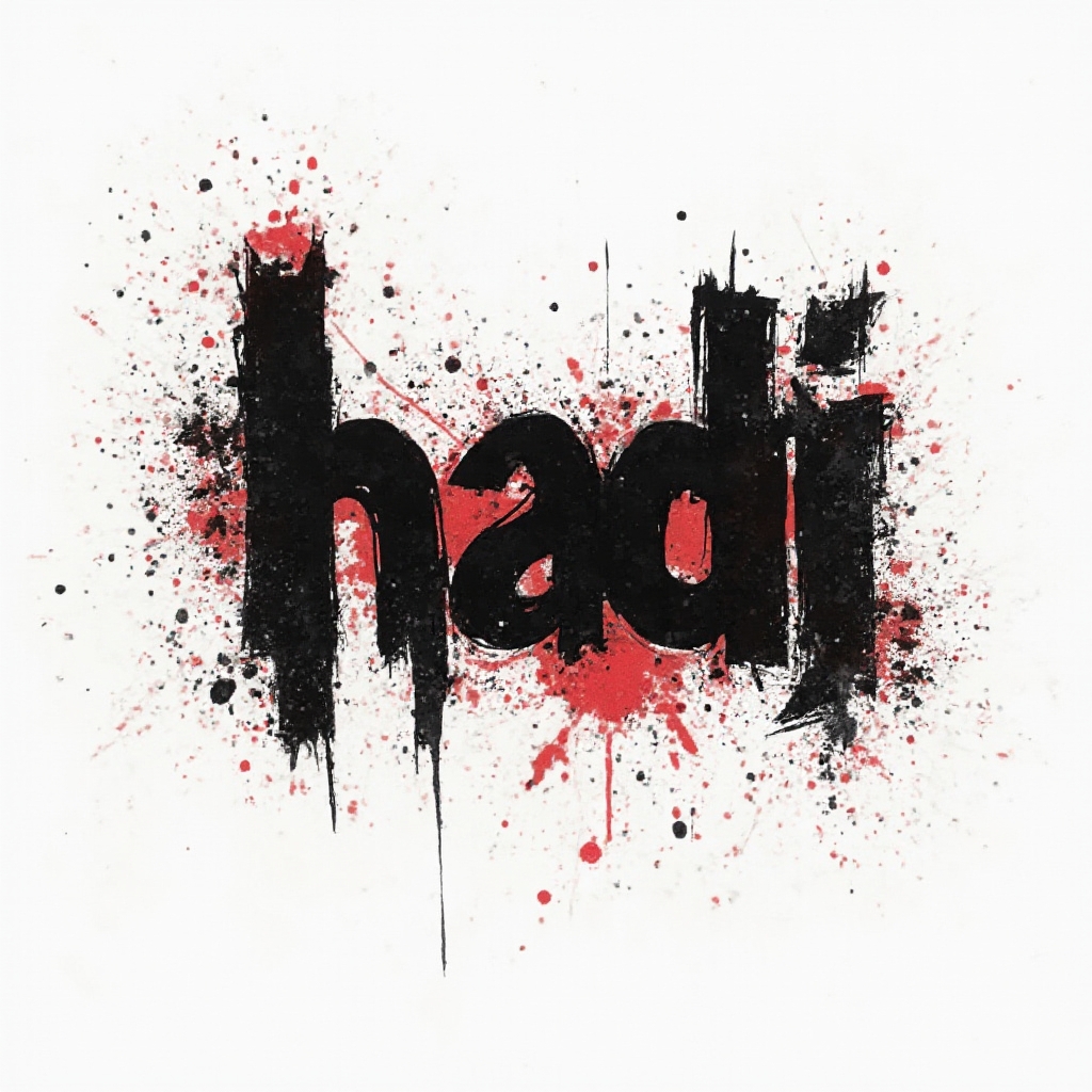 Bold Trash Polka tattoo concept showing the name hadi built from black strokes, red splashes, and grunge textures on white.