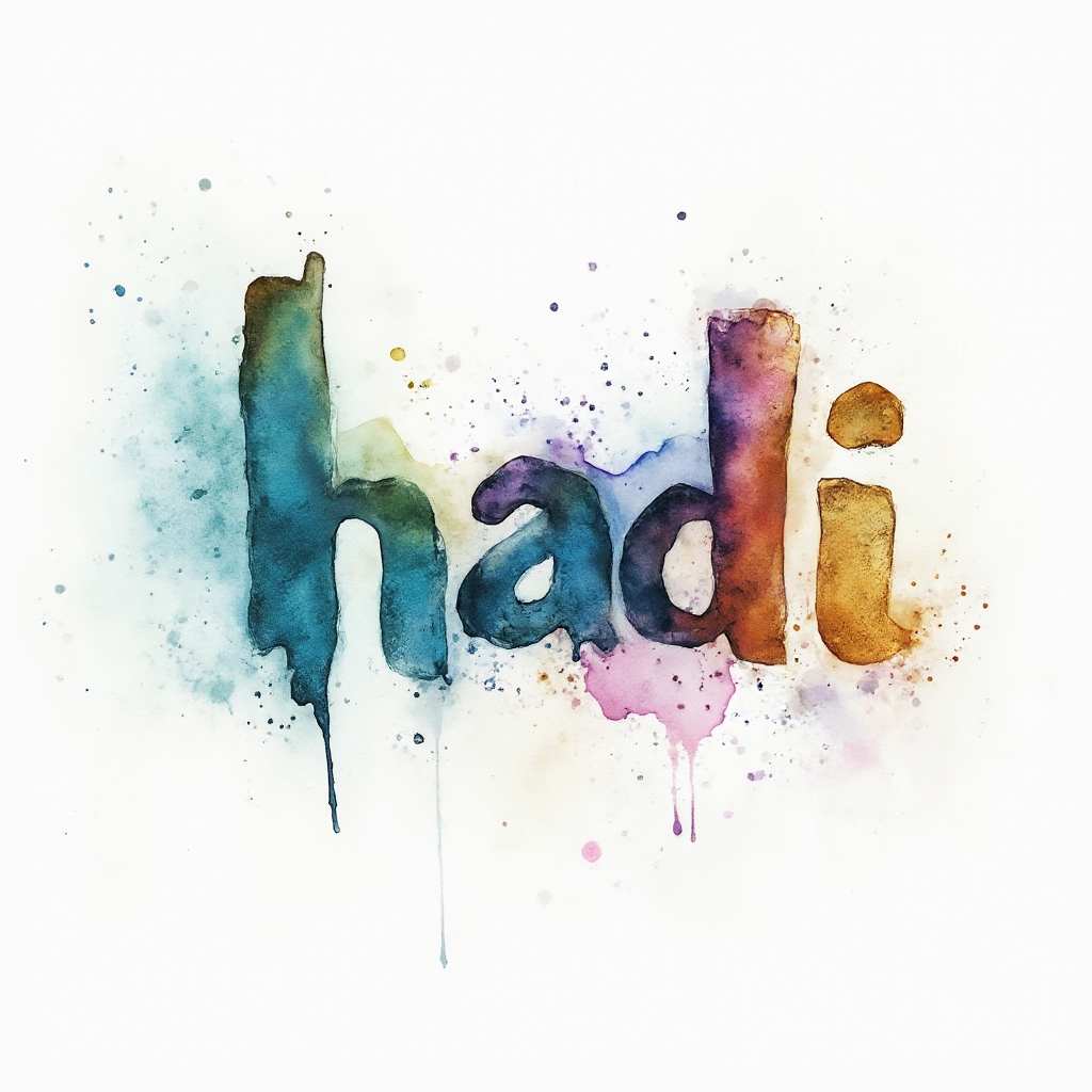 Watercolor-style tattoo concept where the name hadi is formed from colorful ink washes on a white background.