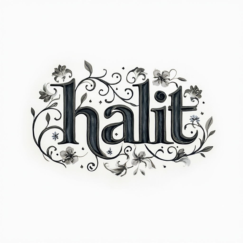 Abstract ornamental tattoo concept where the name halit is built from intricate, flowing letterforms and filigree on a white background.