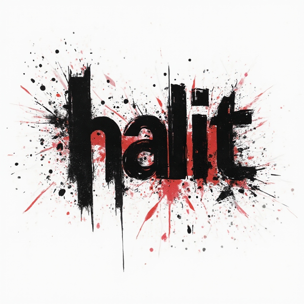 Trash Polka style tattoo design where the name halit is created from bold black letters with red splashes and grunge textures on a white background.