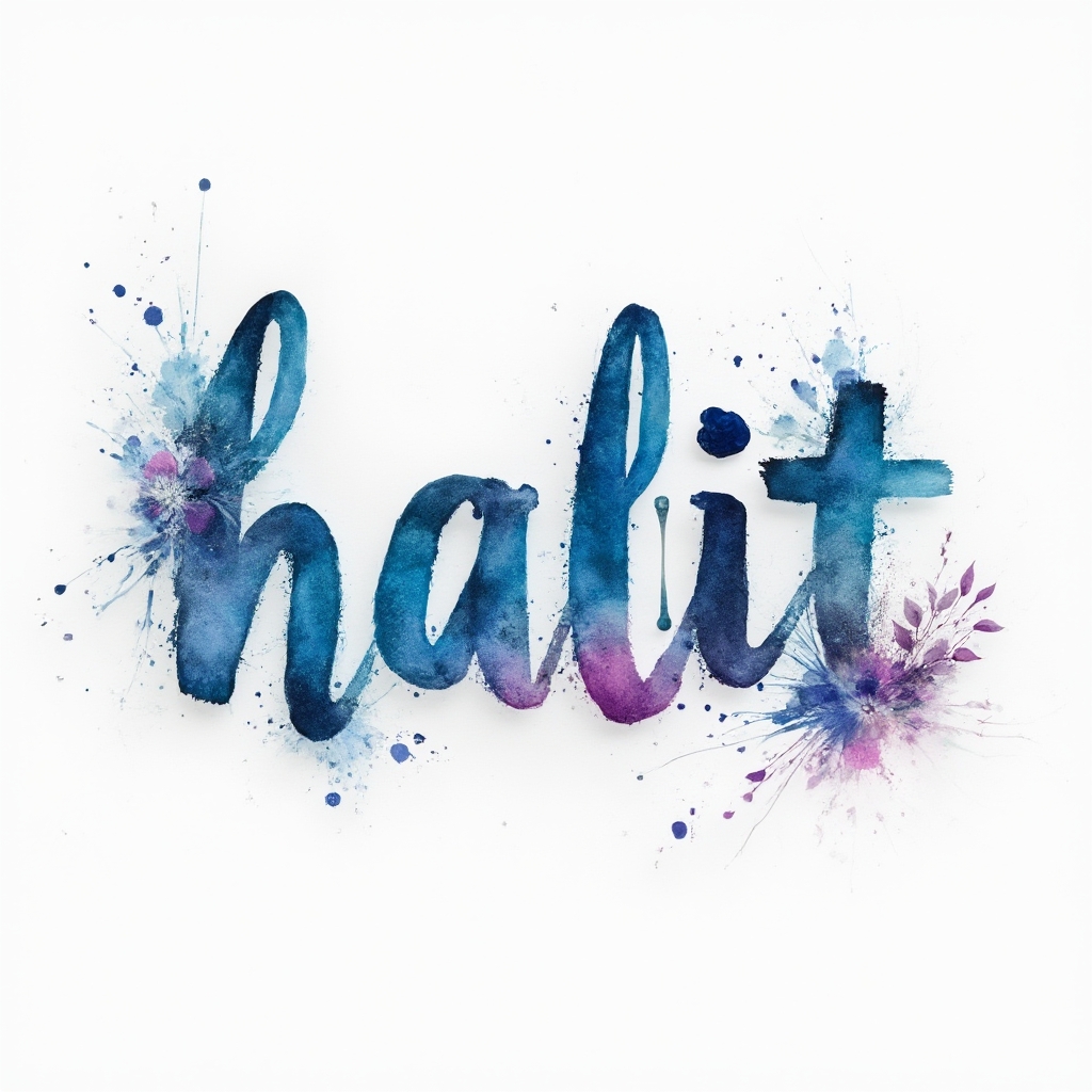 Watercolor tattoo concept where the name halit is painted in flowing, colorful ink with splashes on a white background.