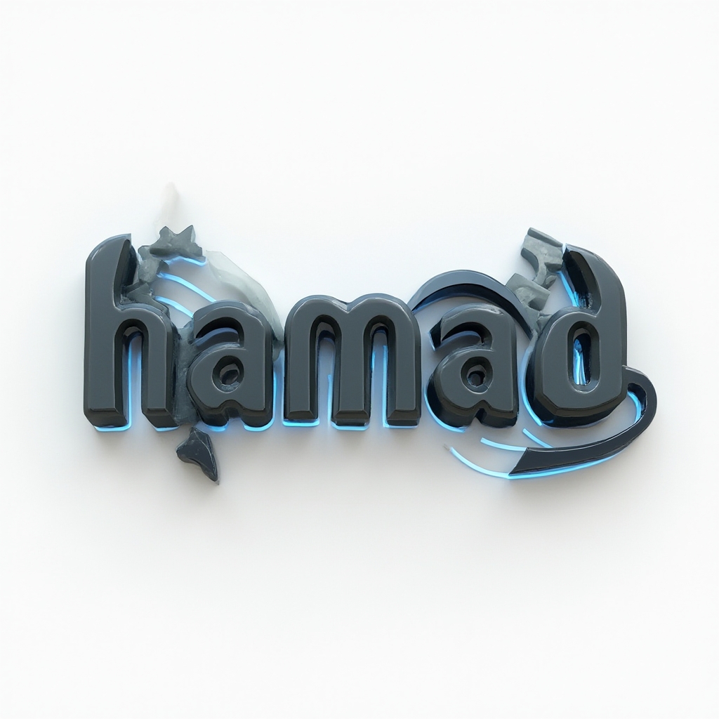 Three-dimensional flowing architectural lettering tattoo concept spelling hamad on a white background.