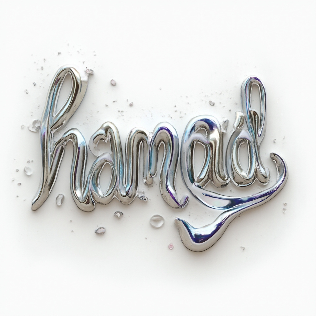 Surreal abstract tattoo design where the name hamad appears as melting, morphing chrome-like letters on a white background.