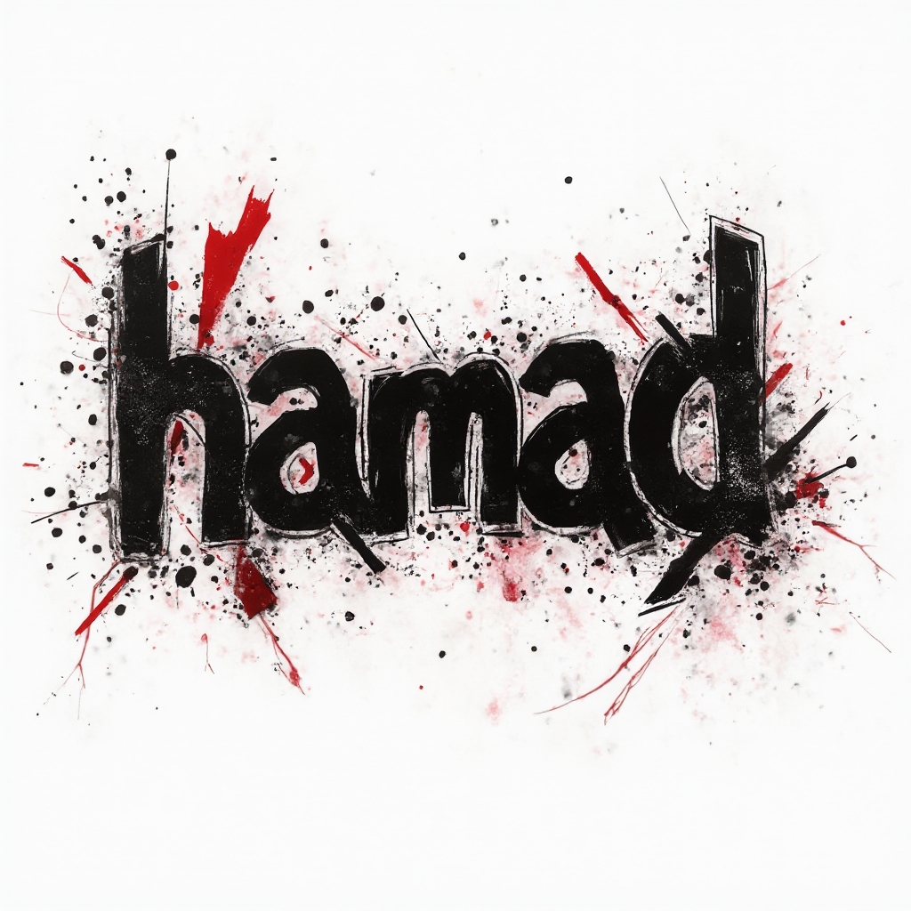 Trash Polka style tattoo concept with the name hamad in distressed black and red abstract lettering on a white background.