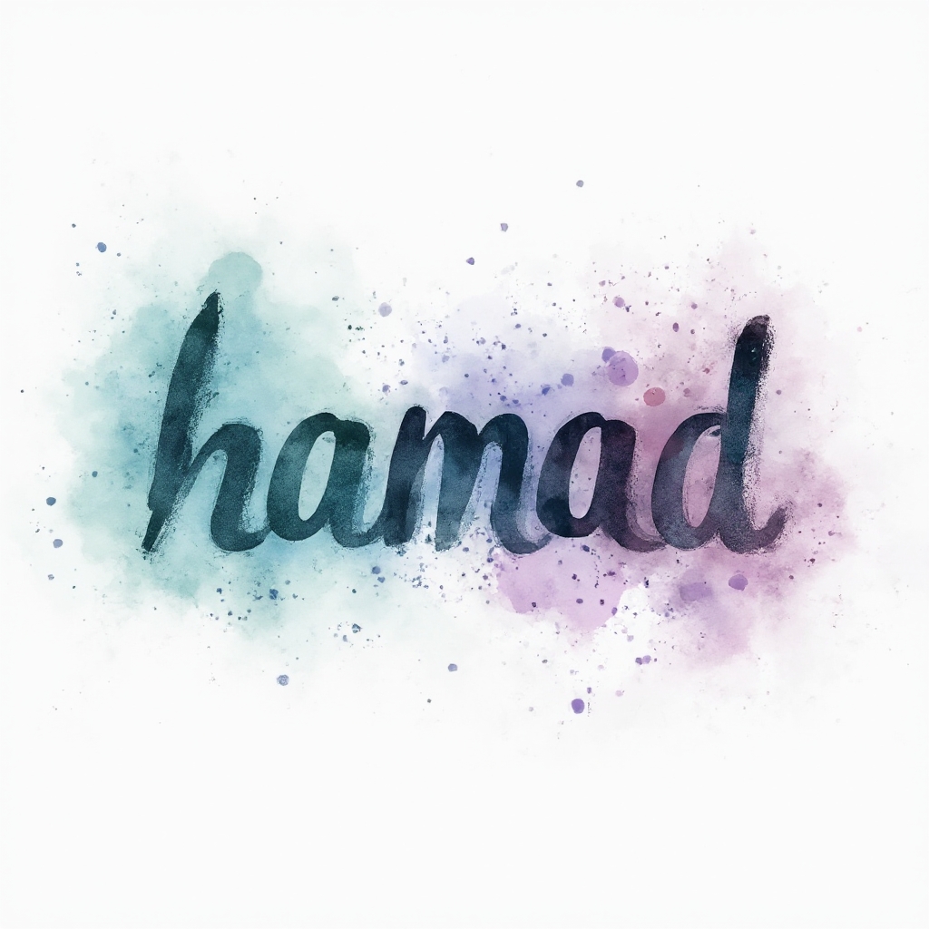 Watercolor splash tattoo concept with the name hamad in flowing multicolor brush-style lettering on a white background.