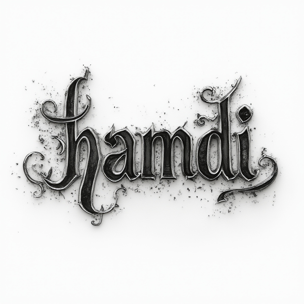 Dimensional black and grey ornate lettering forming the name hamdi on a white background.