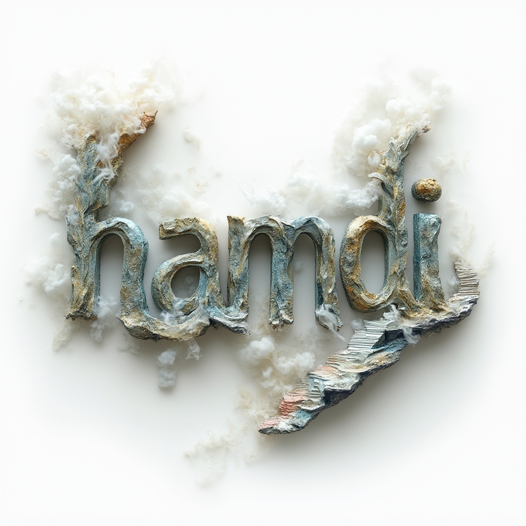 Surreal dreamscape composition where the name hamdi is formed from floating, morphing structures on a white background.