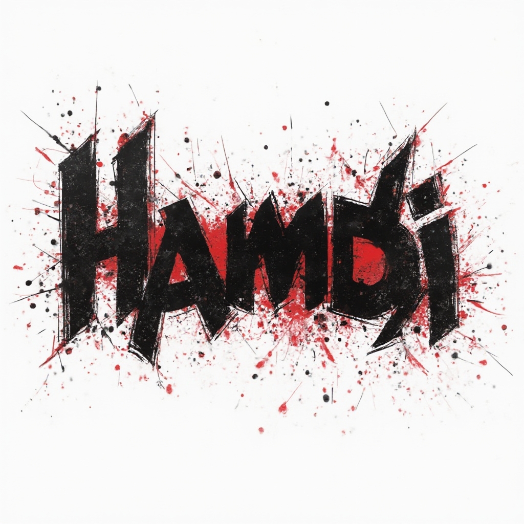 High-contrast black and red Trash Polka-style rendering of the name hamdi on a white background.