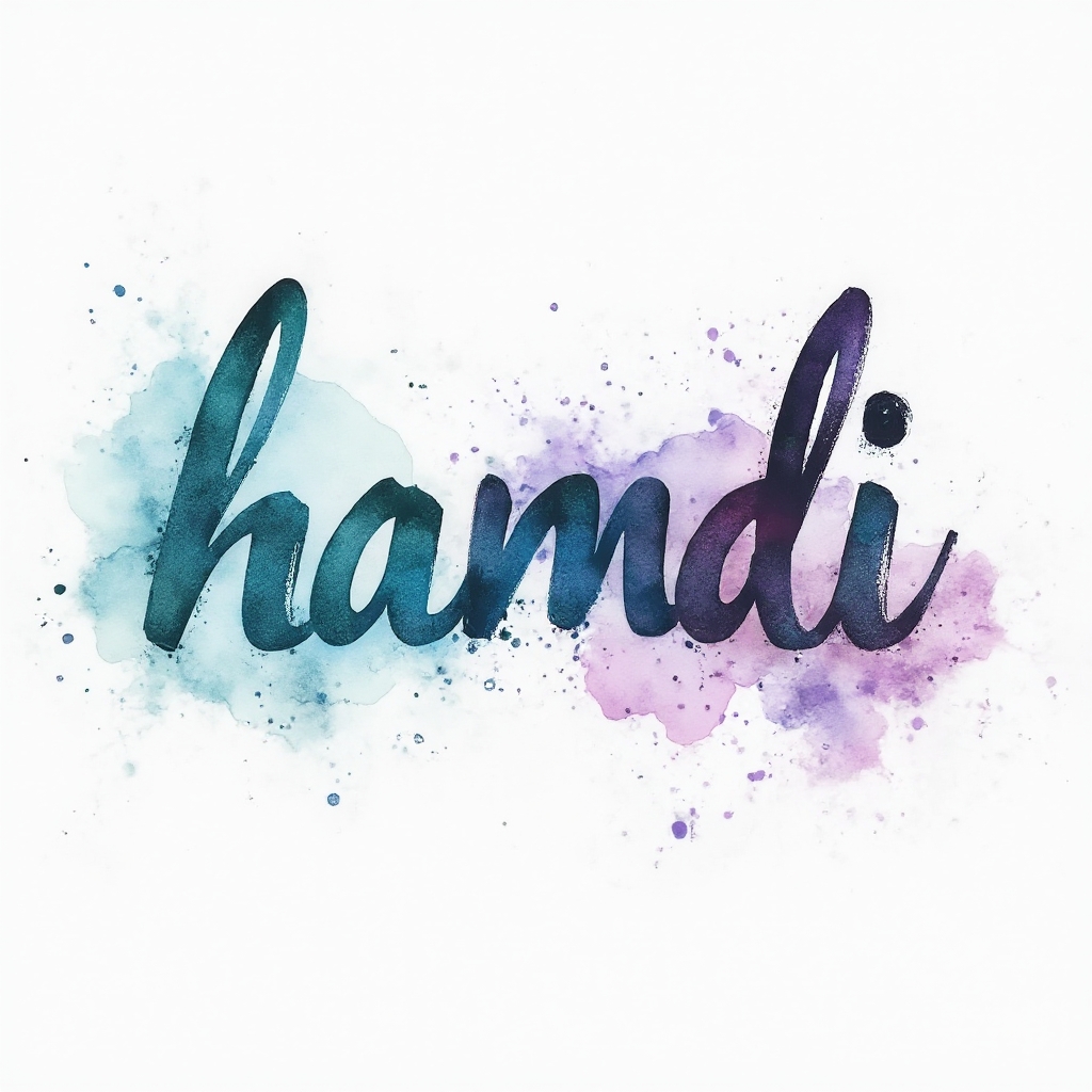 Watercolor-style artistic rendering of the name hamdi formed from colorful paint splashes on a white background.