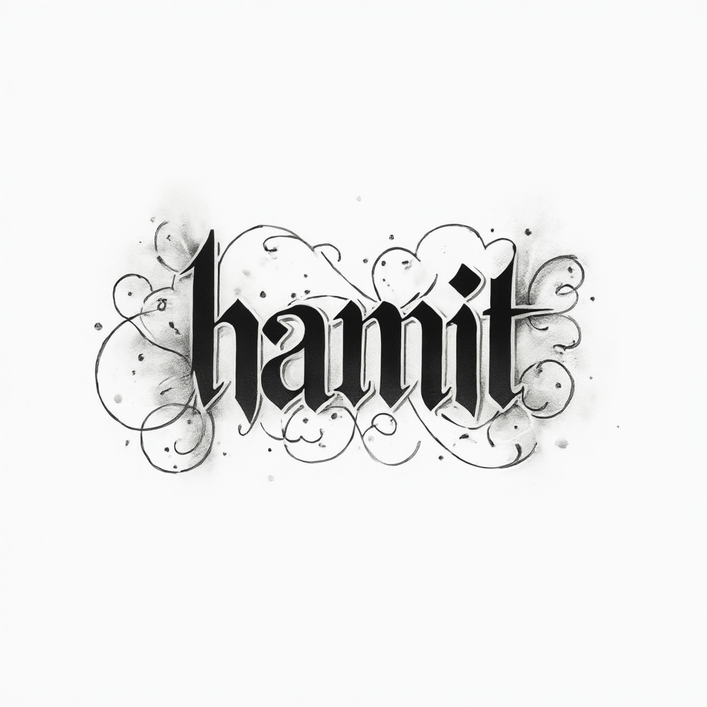 Abstract ornamental tattoo design of the name hamit composed of flowing black lines and subtle shading on a white background.