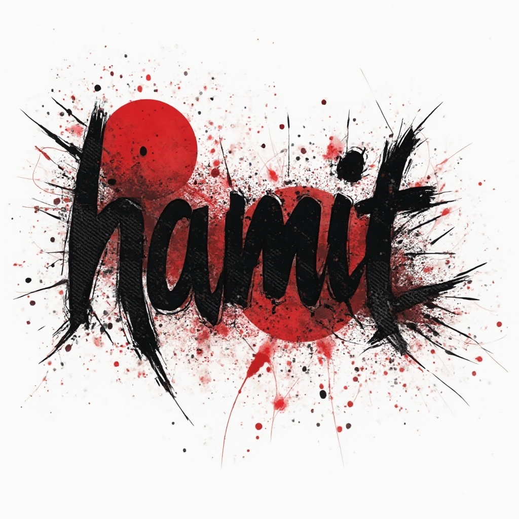 Trash Polka-style tattoo design of the name hamit with fragmented black lettering and bold red shapes on a white background.