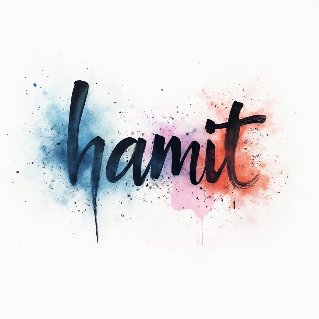 Watercolor tattoo concept of the name hamit formed by flowing calligraphic strokes and colorful splashes on a white background.