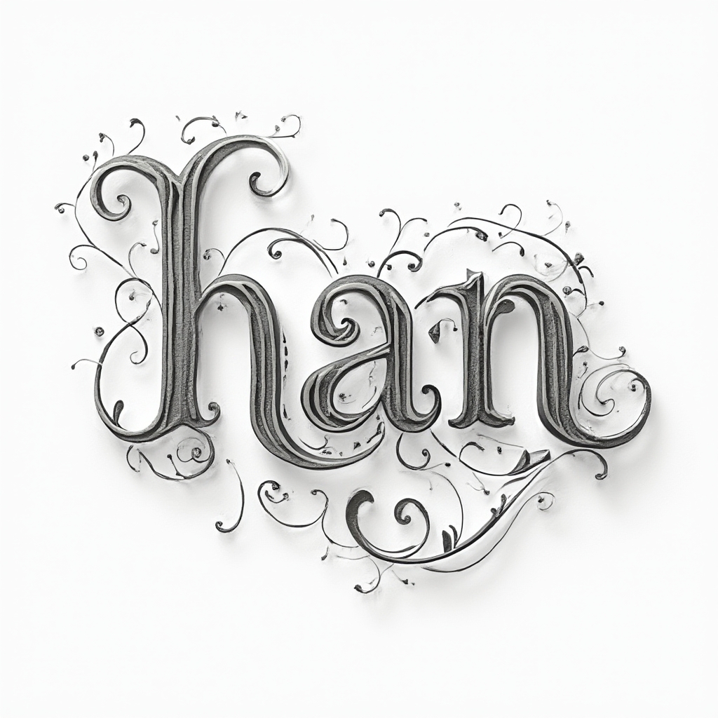 ornamental linework tattoo concept where the name han is formed from intricate filigree on a white background