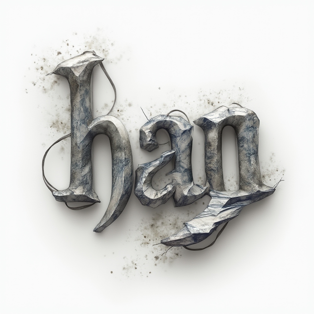 surrealist tattoo design where the name han is formed from impossible floating structures on a white background