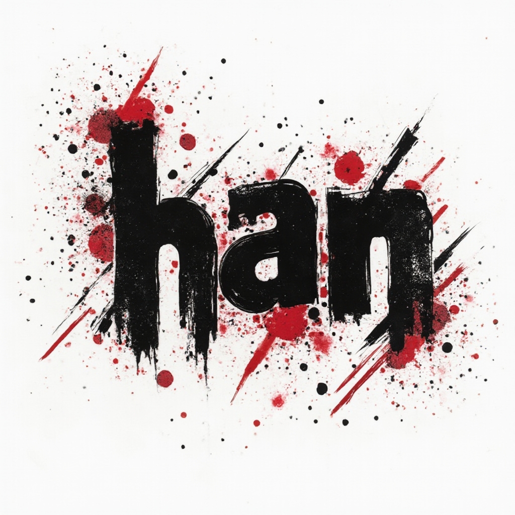 trash polka style tattoo concept where the name han is formed from bold black strokes and red shapes on a white background