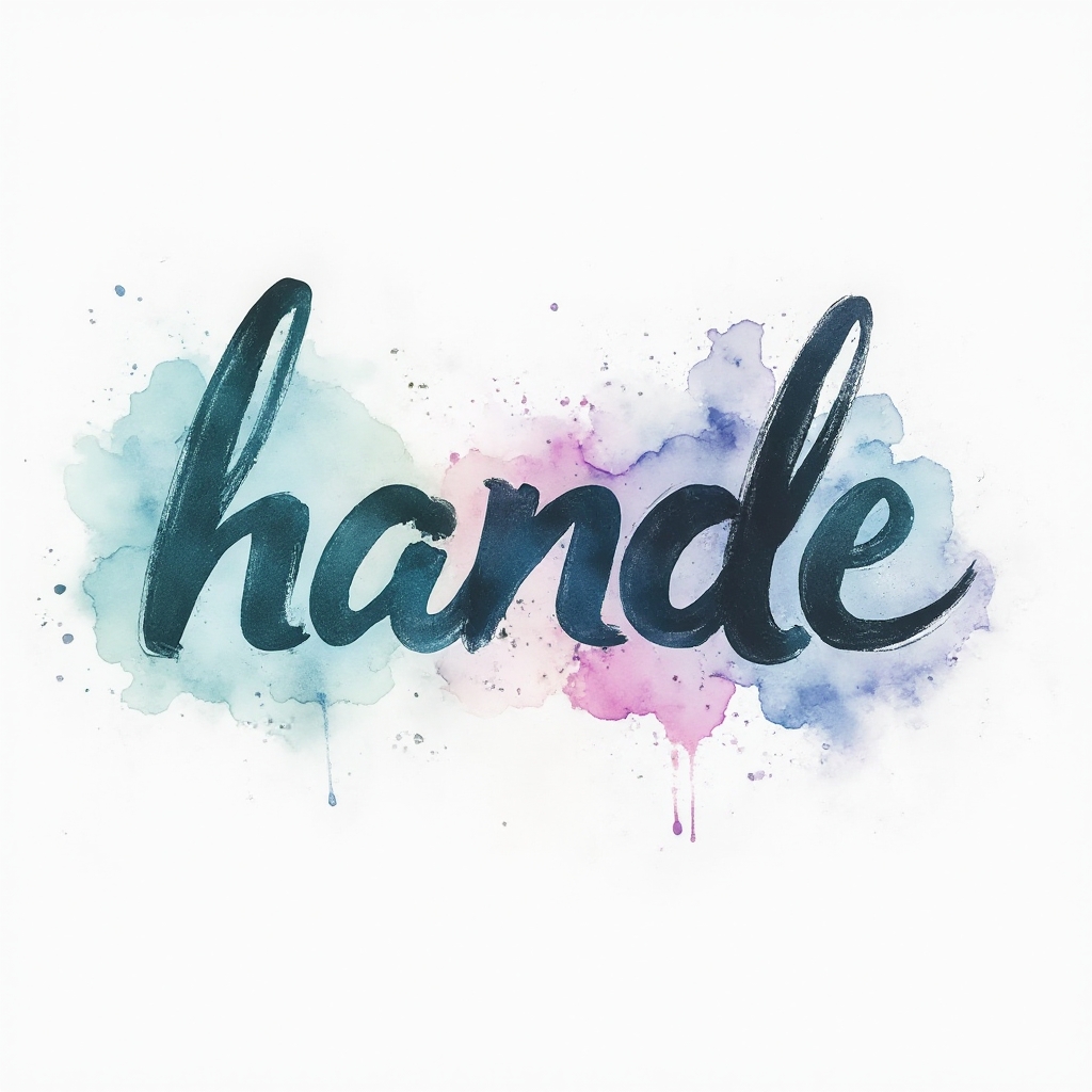 Watercolor tattoo concept where the name hande is formed by flowing brushstroke letters dissolving into colorful splashes on a white background