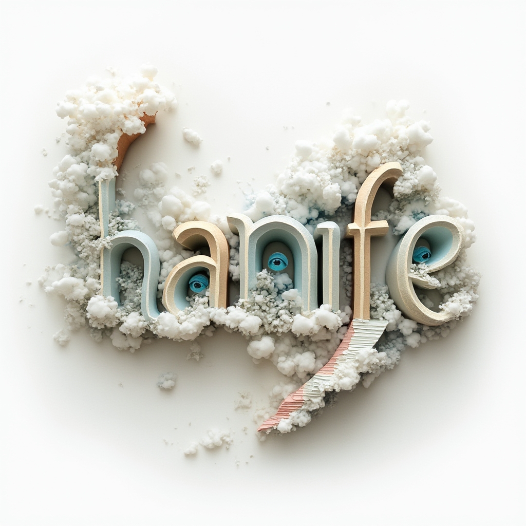 Surreal dreamscape tattoo design where the name hanife is formed from impossible objects and floating structures on a white background