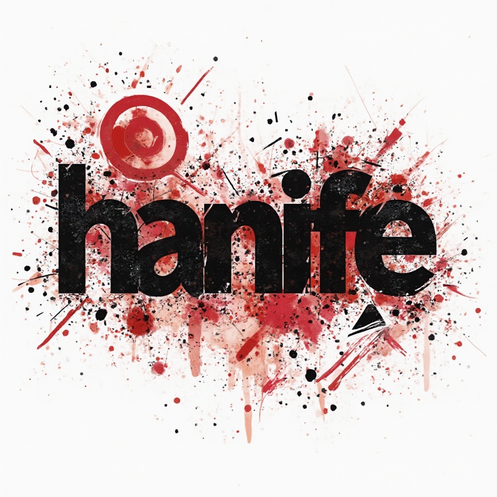 High-contrast Trash Polka tattoo composition of the name hanife with distressed black lettering and red splashes on a white background