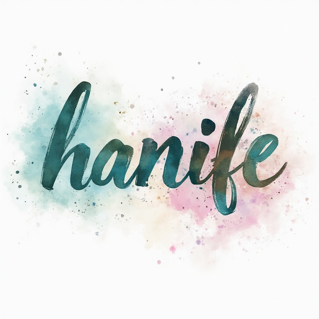 Colorful watercolor tattoo concept of the name hanife in flowing ink splash lettering on a white background