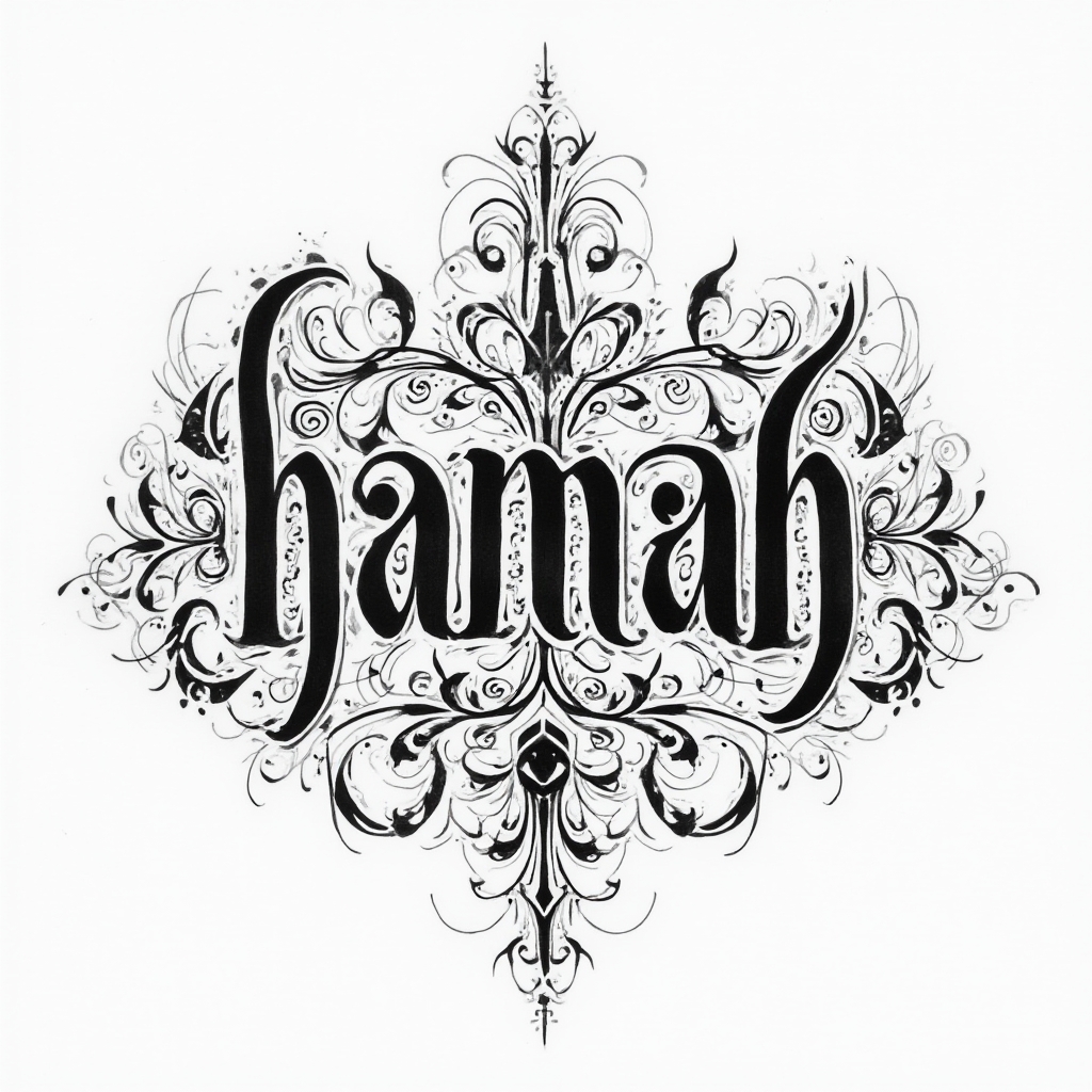 Ornamental tattoo design with the name hannah formed by intricate filigree and flourishes on a white background