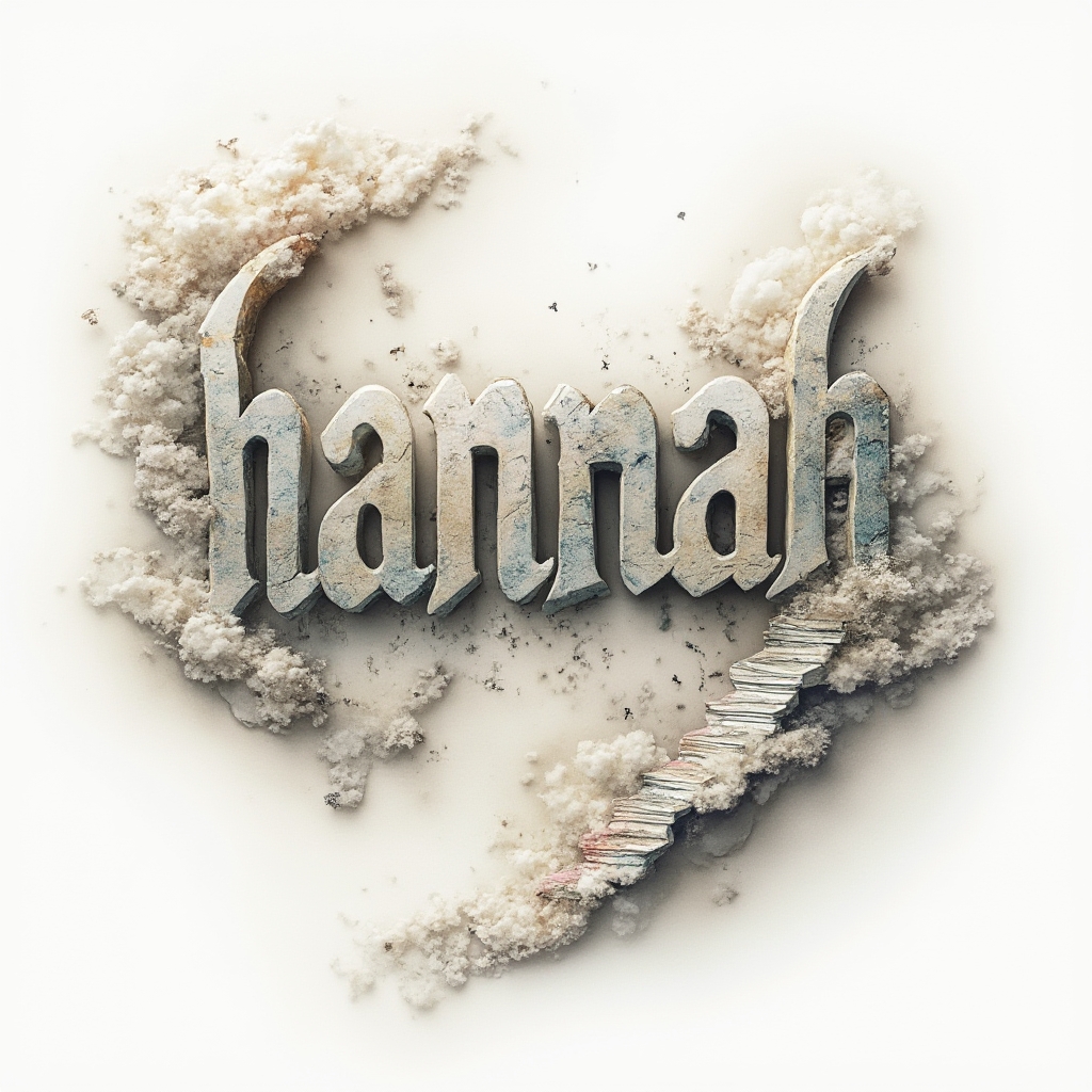 Surreal dreamscape tattoo design where the name hannah is built from floating, melting structures on a white background