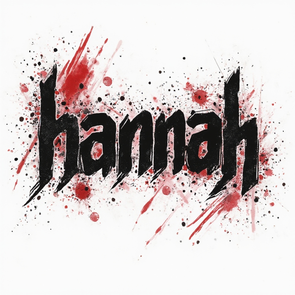 Trash Polka tattoo concept with the name hannah built from bold black strokes and red splashes on a white background