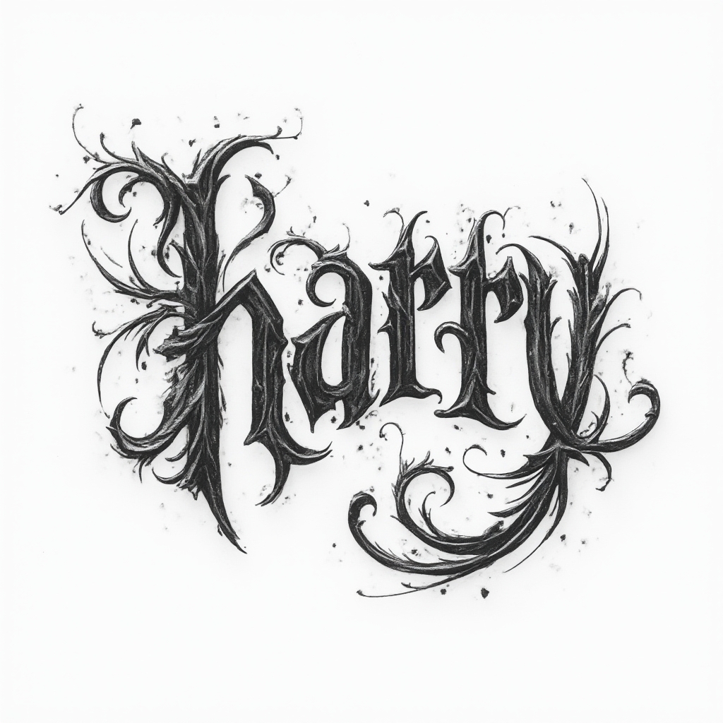 Ornamental monochrome tattoo design of the name harry with interlocking decorative letterforms on white background