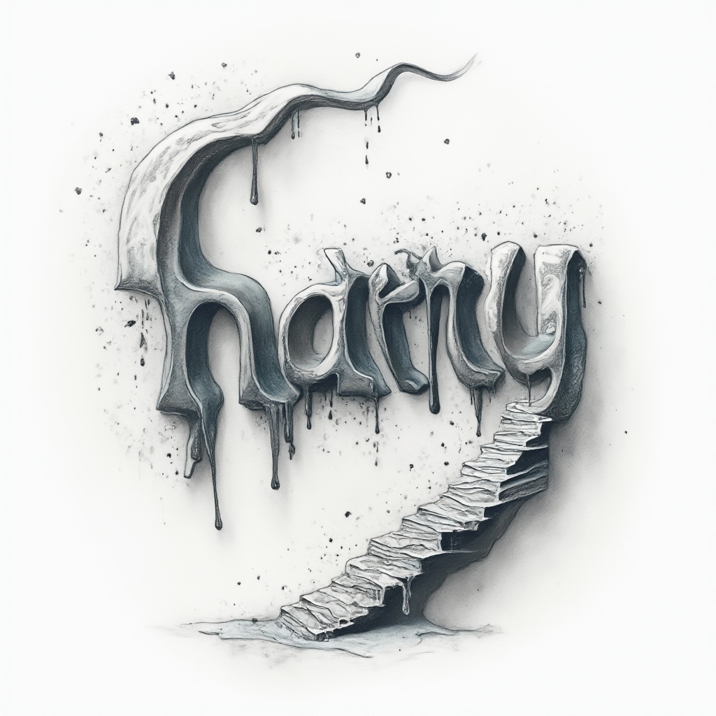 Surreal monochrome tattoo design where the letters of harry morph into dreamlike architectural and liquid forms on white