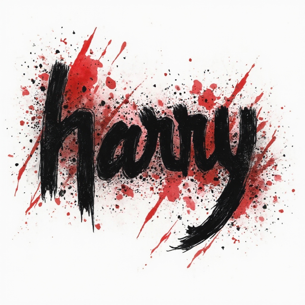 Trash Polka tattoo artwork of the name harry with bold black script, red smears, and ink splatters on white background